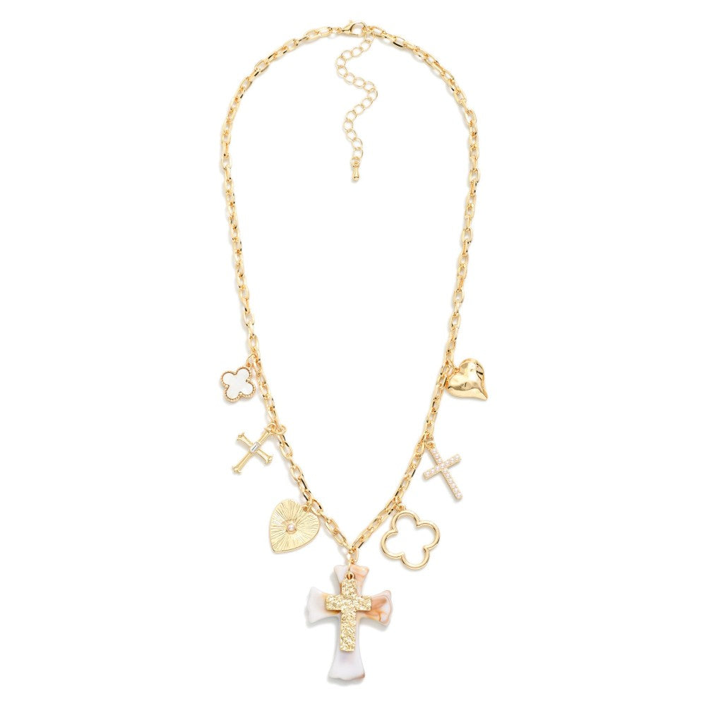 Chain Link Necklace Featuring Gold Tone Charm, Pearls, & Stone