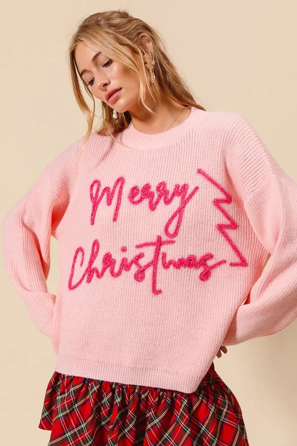Merry Christmas Tinsel Lettering Sweater Top