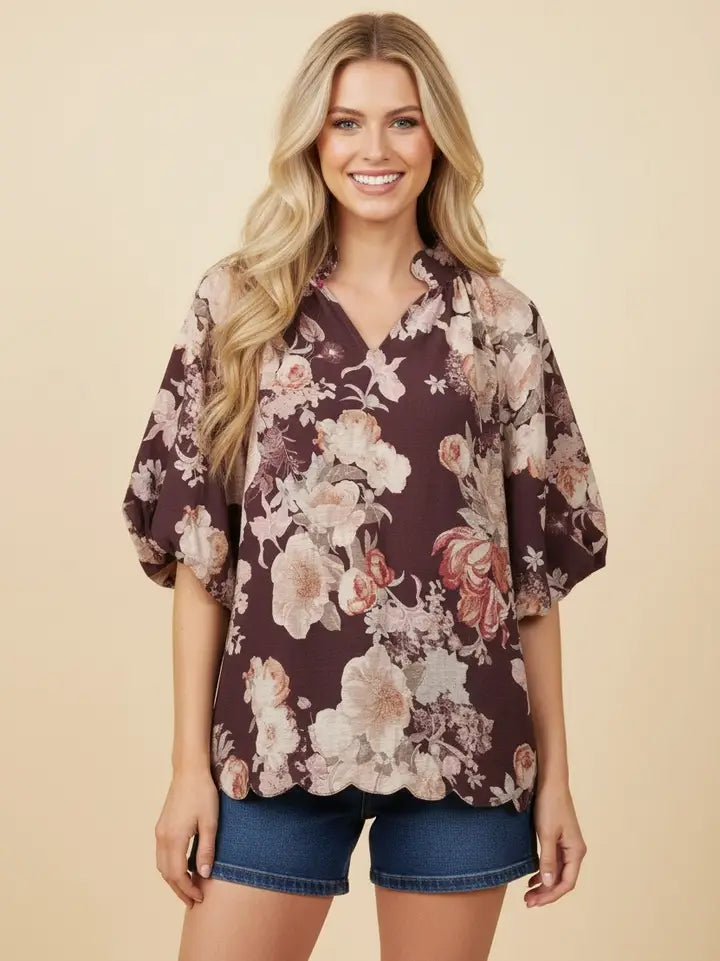 Puff Sleeve Split Neck Blouse