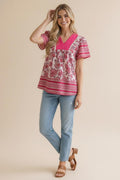 Flutter Short Sleeve Bohemian Border Print Top