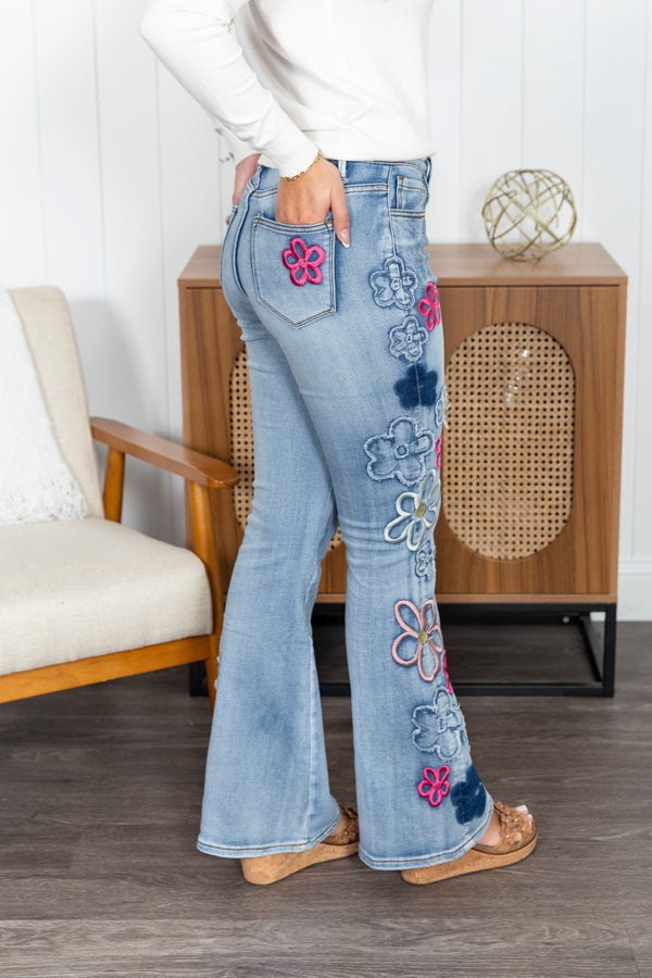 Oli And Hali Washed Flower Embroidery Flare Jeans