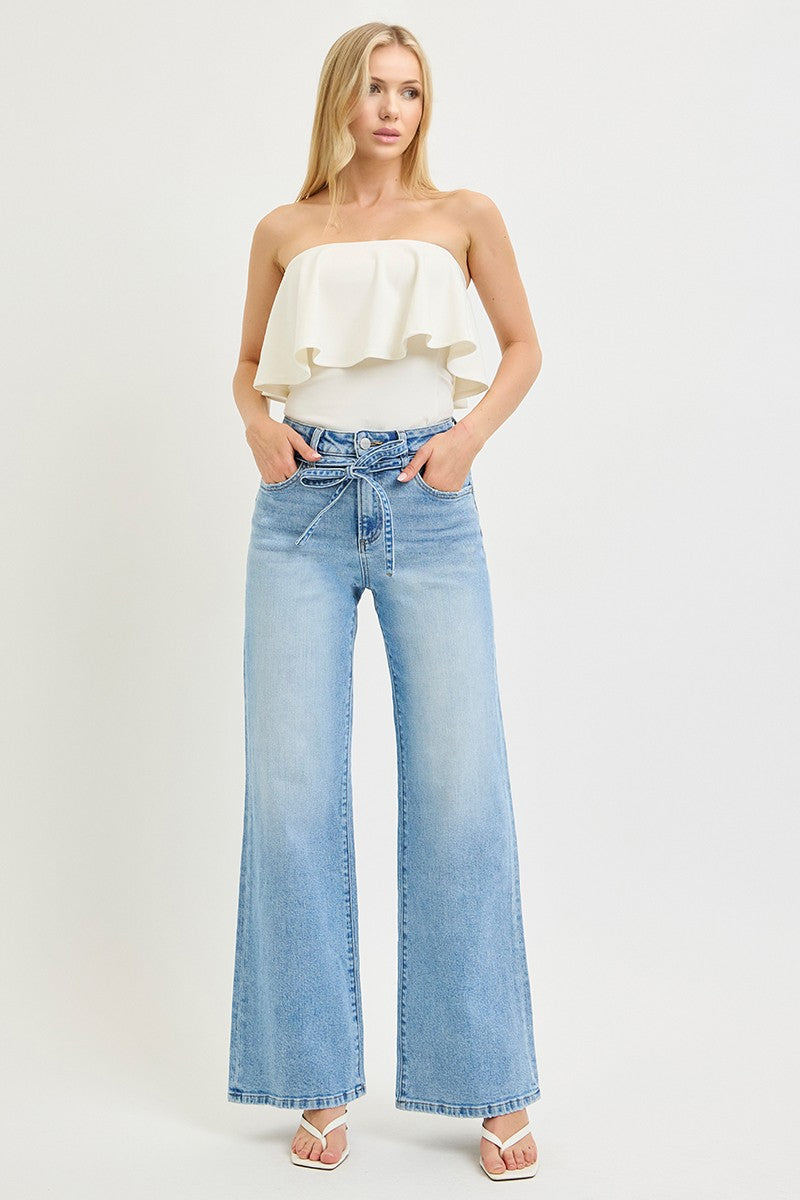 High Rise Risen Wide Leg Jeans With Waist String Details
