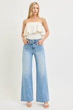 High Rise Risen Wide Leg Jeans With Waist String Details