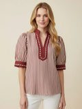 Contrast Trim Stripe Puff Sleeve Blouse