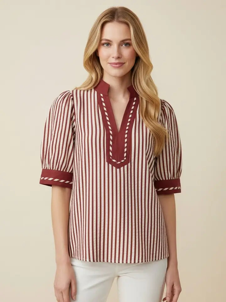 Contrast Trim Stripe Puff Sleeve Blouse