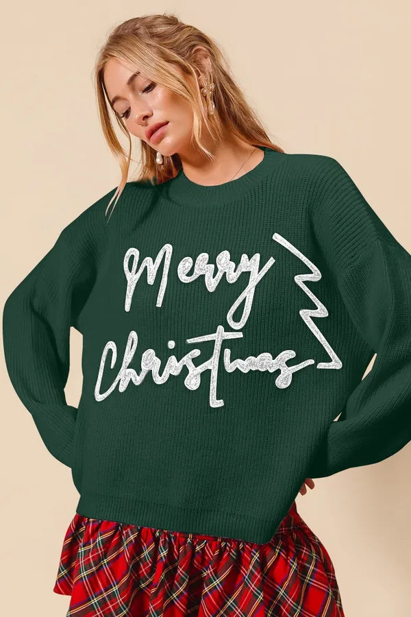 Merry Christmas Tinsel Lettering Sweater Top