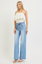 High Rise Risen Wide Leg Jeans With Waist String Details