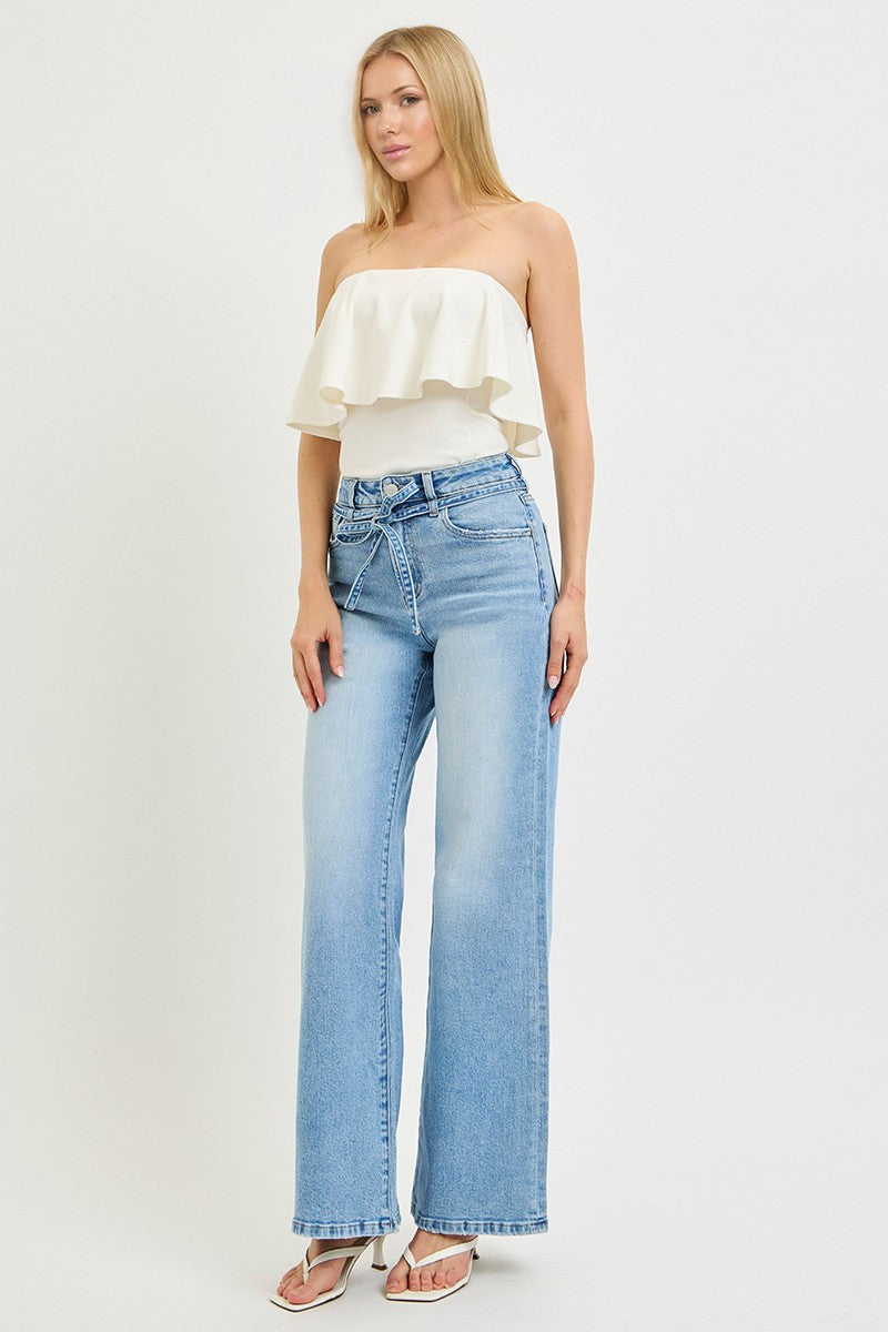 High Rise Risen Wide Leg Jeans With Waist String Details