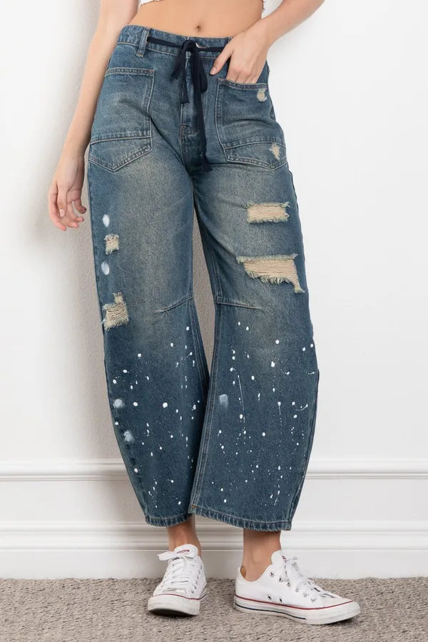 Blue Velvet Paint Splatter Barrel Jeans