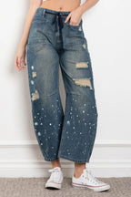Blue Velvet Paint Splatter Barrel Jeans