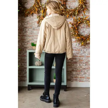 Solid Zip Up Vervet Hooded Jacket