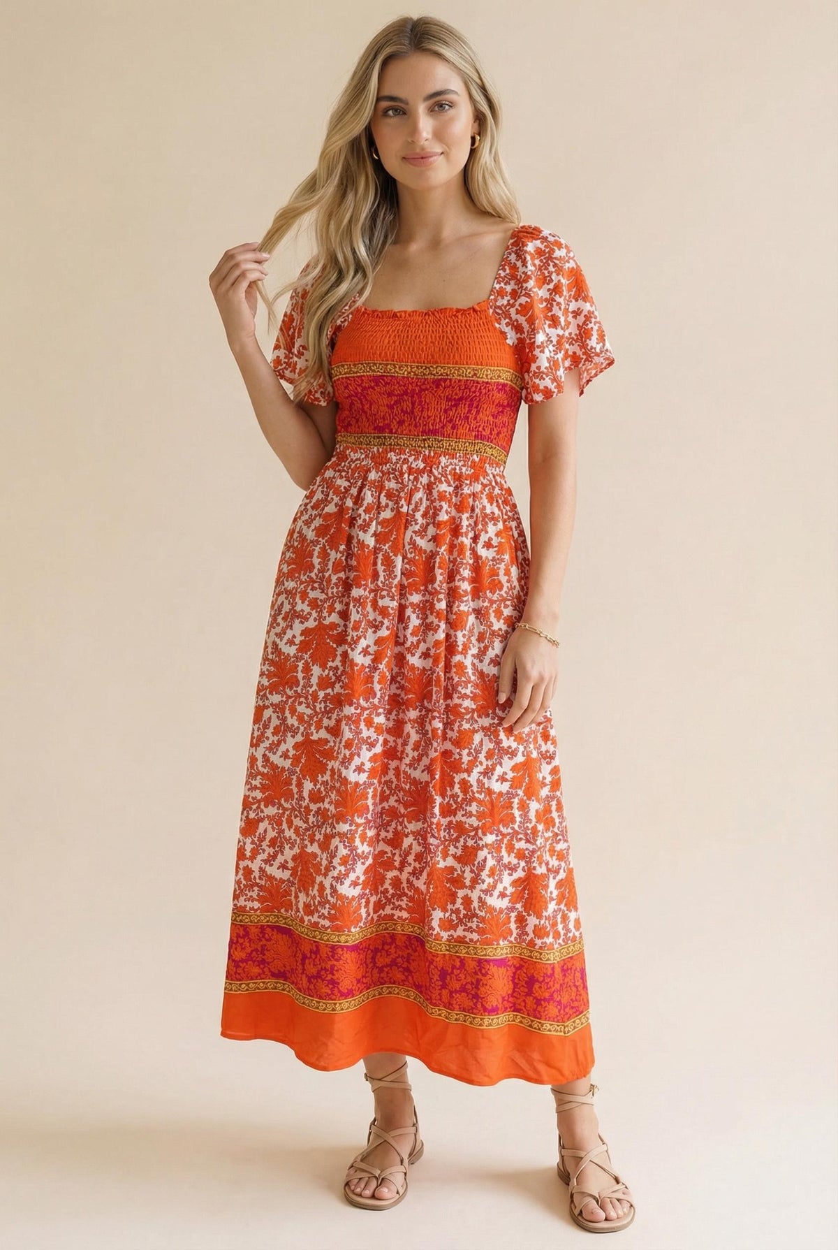 Square Neck Smocked Babydoll Maxi Woven Dress