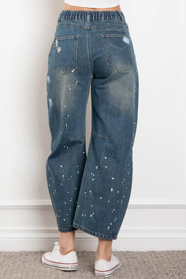 Blue Velvet Paint Splatter Barrel Jeans