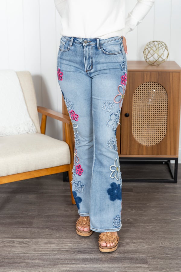 Oli And Hali Washed Flower Embroidery Flare Jeans