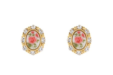 Printed Flower Oval w/Crystal Earrings