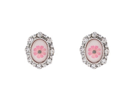 Printed Flower Oval w/Crystal Earrings