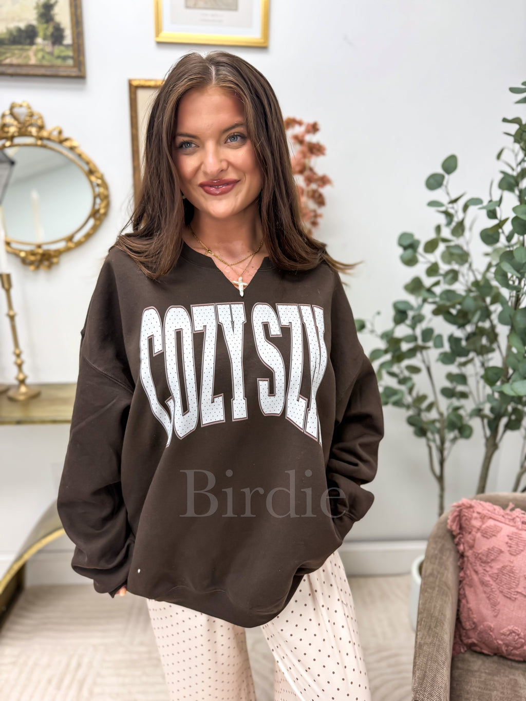 Vanilla Latte Dot Cozy SZN Graphic Split Neck Crewneck on Dark Chocolate