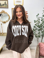 Vanilla Latte Dot Cozy SZN Graphic Split Neck Crewneck on Dark Chocolate