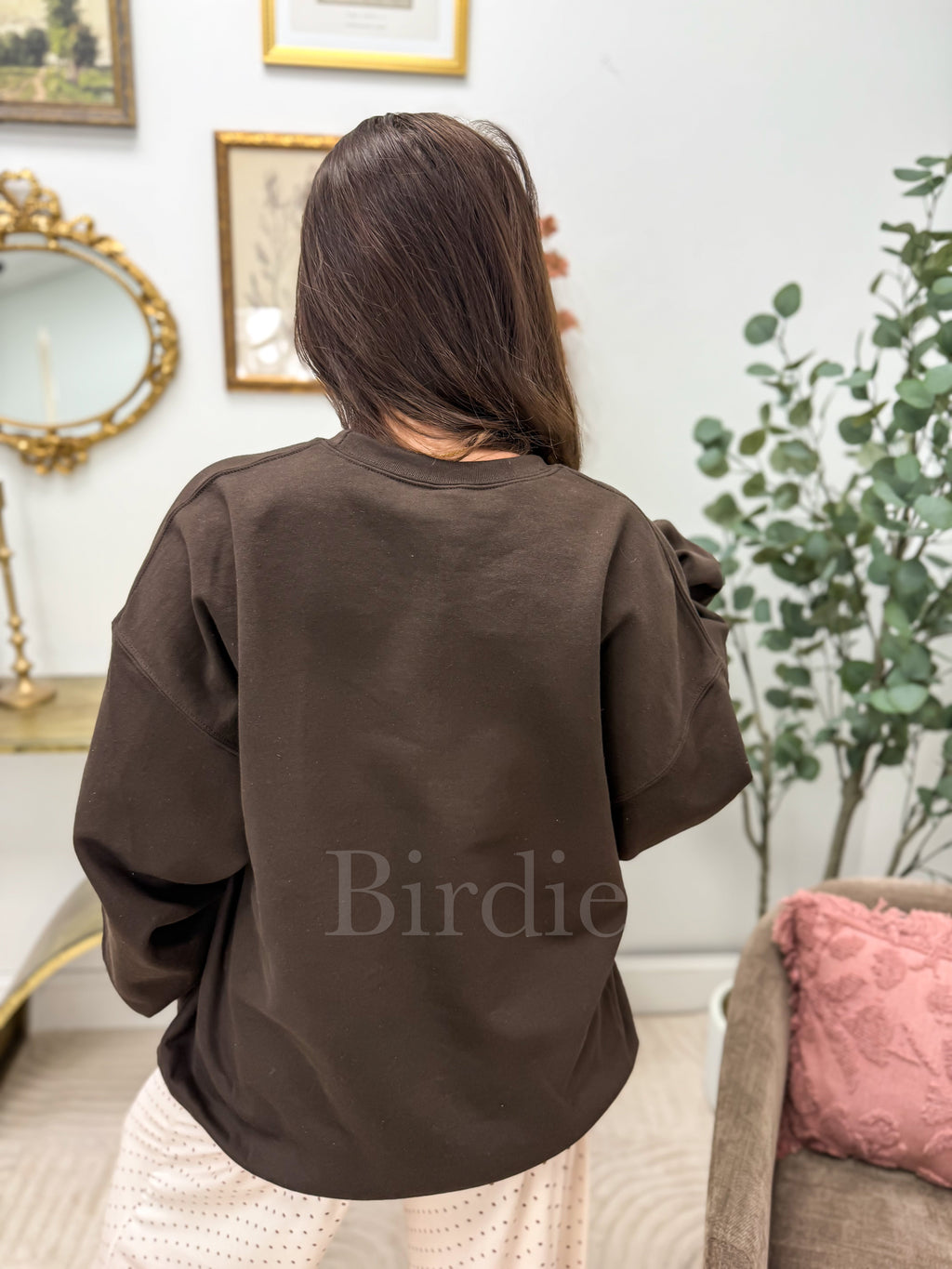 Vanilla Latte Dot Cozy SZN Graphic Split Neck Crewneck on Dark Chocolate