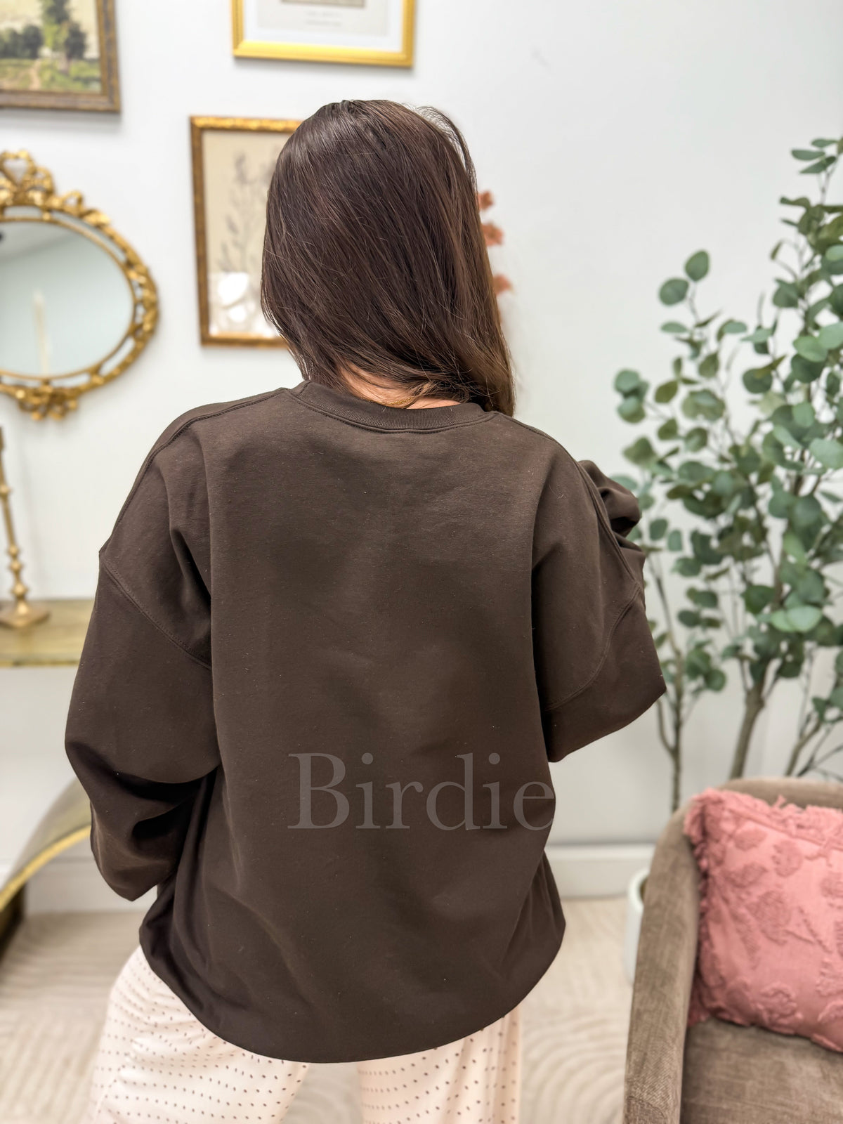 Vanilla Latte Dot Cozy SZN Graphic Split Neck Crewneck on Dark Chocolate