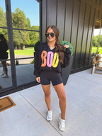 BOO Striped SPLIT NECK Graphic Crewneck on Black