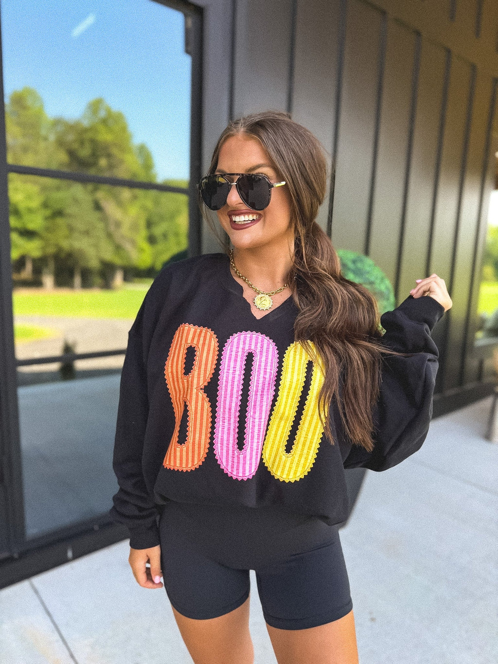 BOO Striped SPLIT NECK Graphic Crewneck on Black