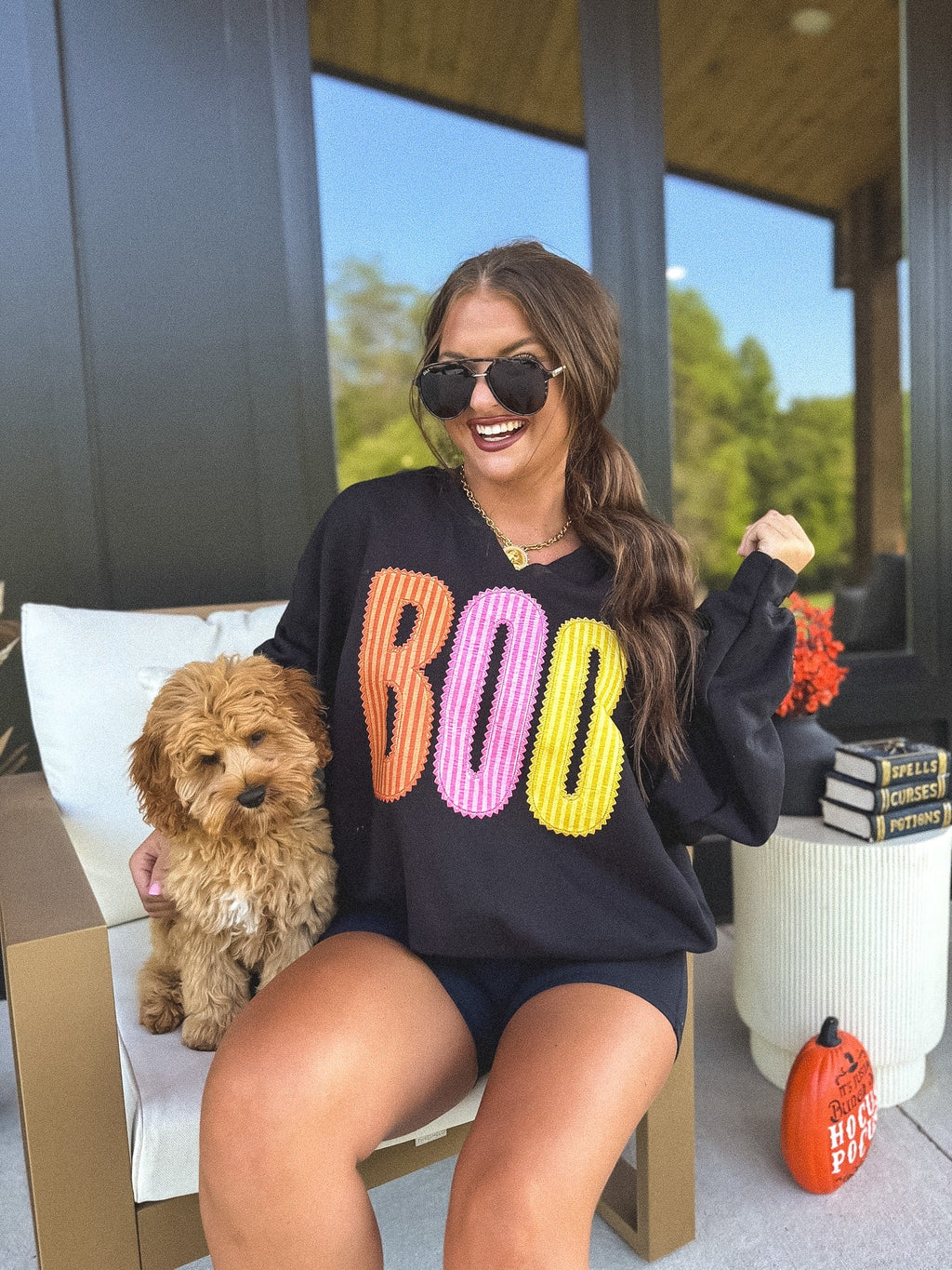 BOO Striped SPLIT NECK Graphic Crewneck on Black