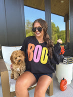 BOO Striped SPLIT NECK Graphic Crewneck on Black