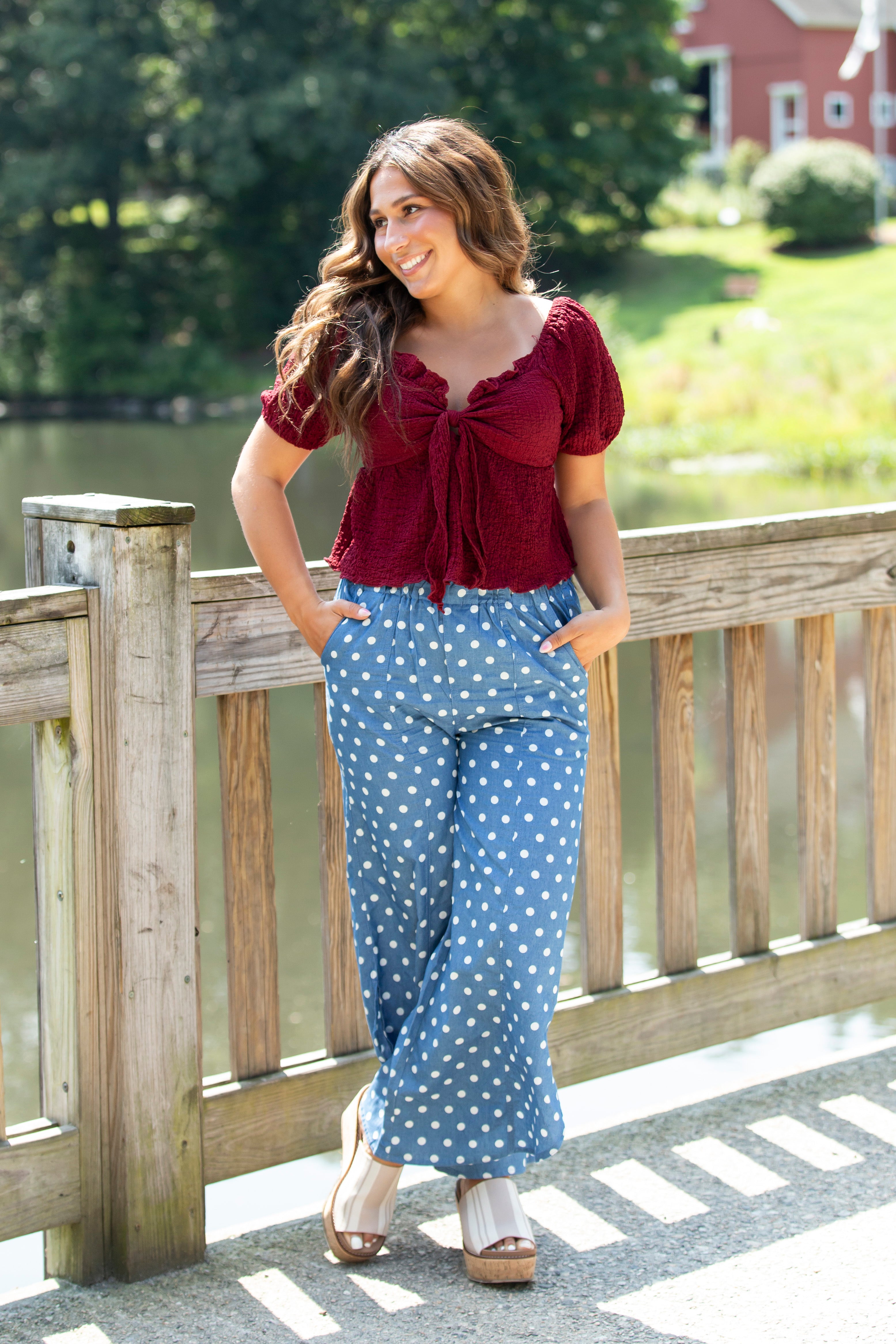 Smocked Tie Front Puff Sleeve Top