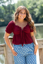 Smocked Tie Front Puff Sleeve Top