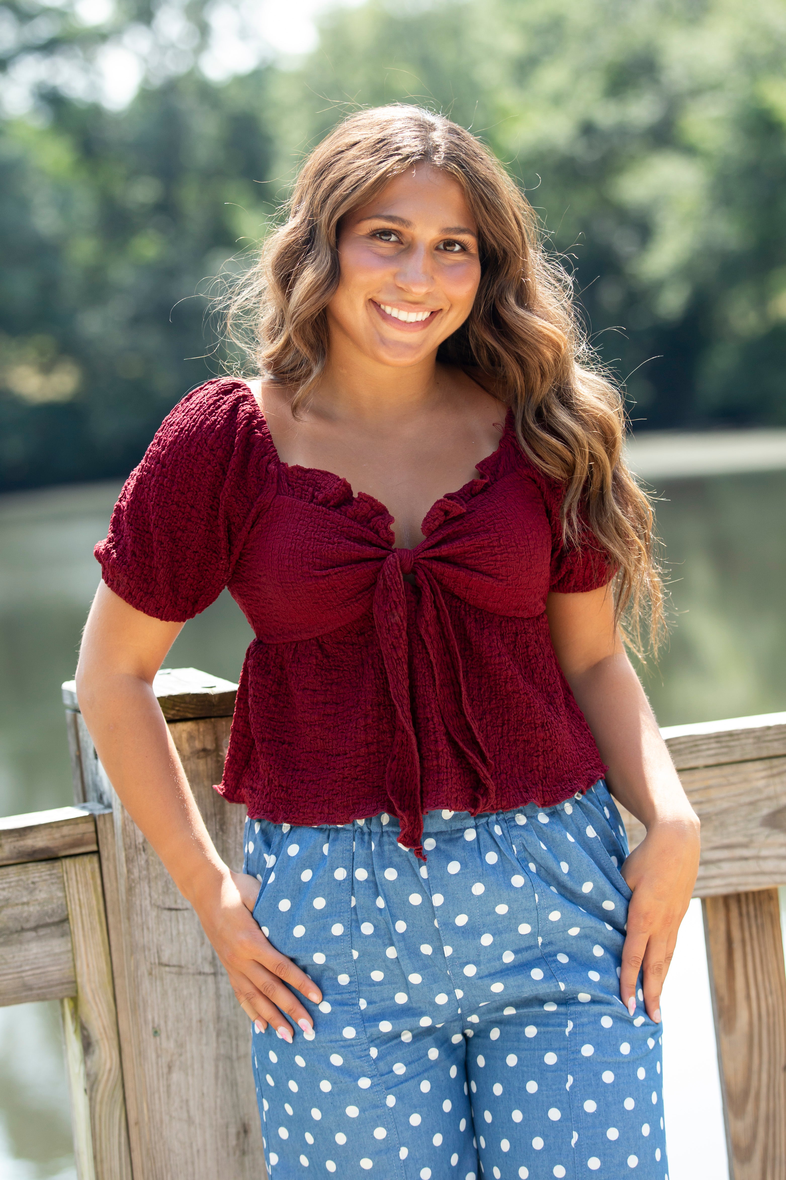 Smocked Tie Front Puff Sleeve Top