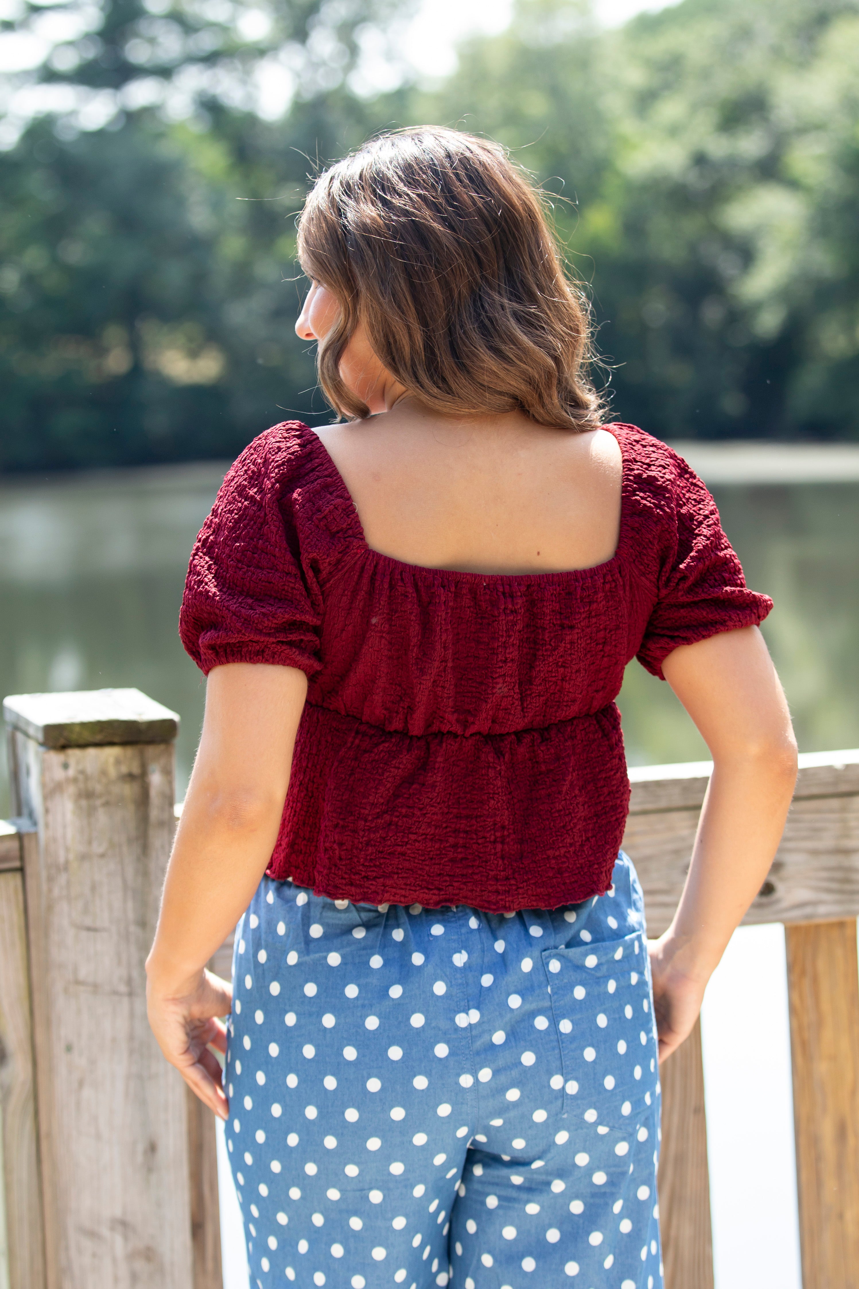 Smocked Tie Front Puff Sleeve Top