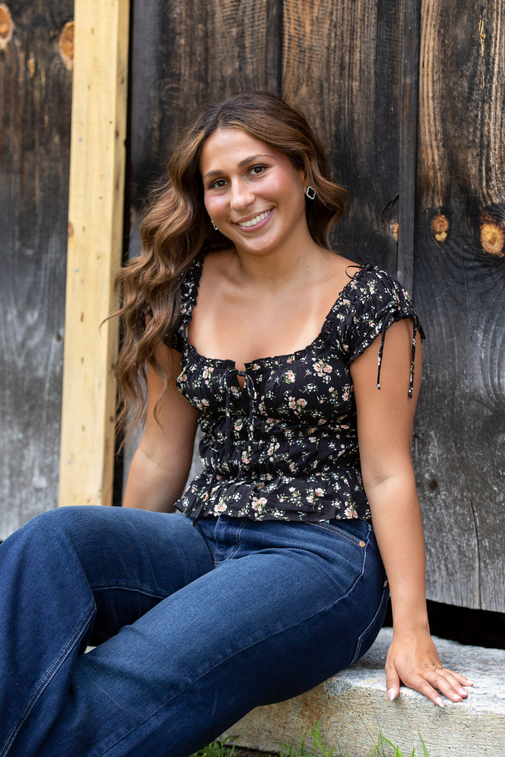 Floral Front Tie Shirred Waist Ruffled Top