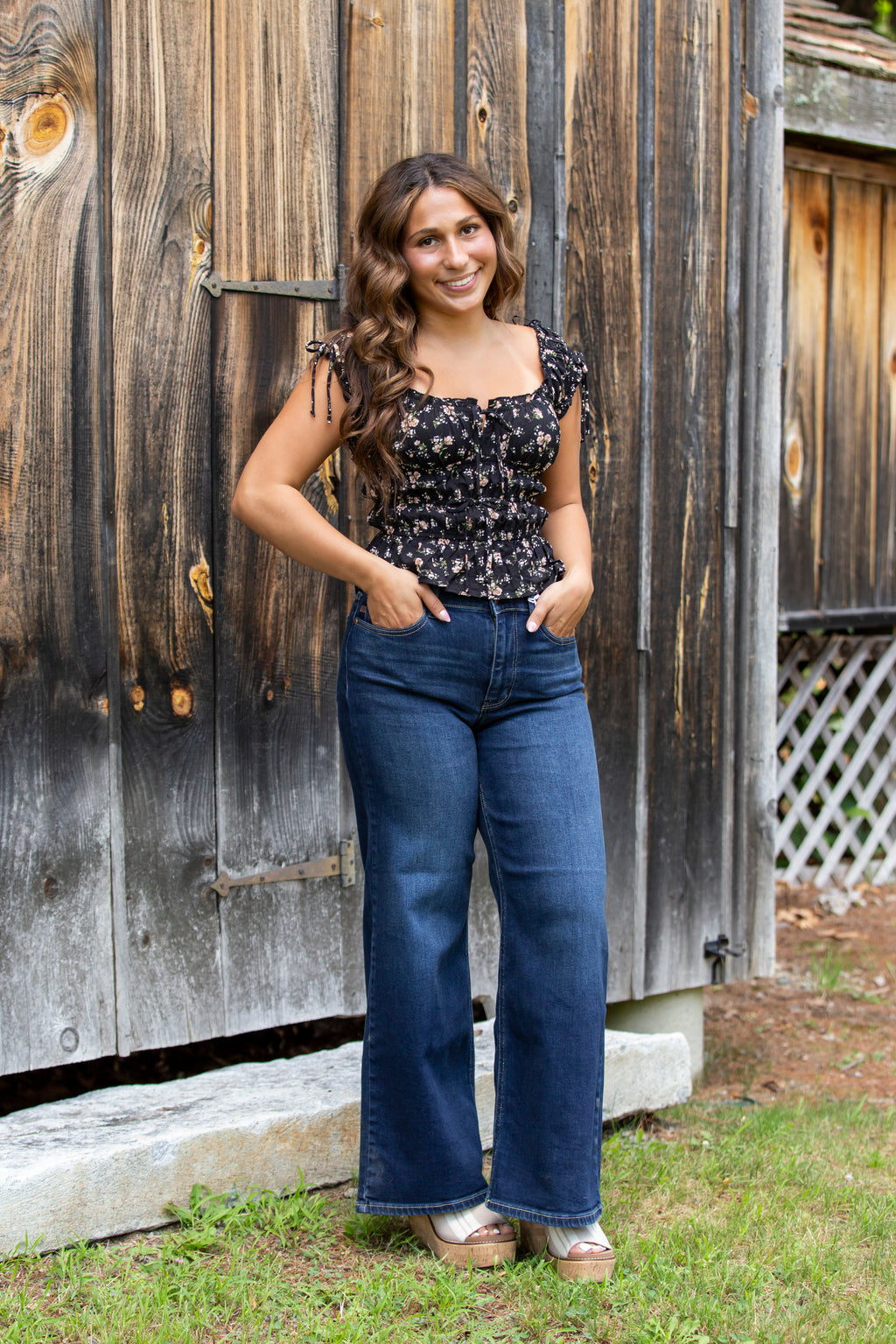 Floral Front Tie Shirred Waist Ruffled Top