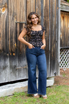 Floral Front Tie Shirred Waist Ruffled Top