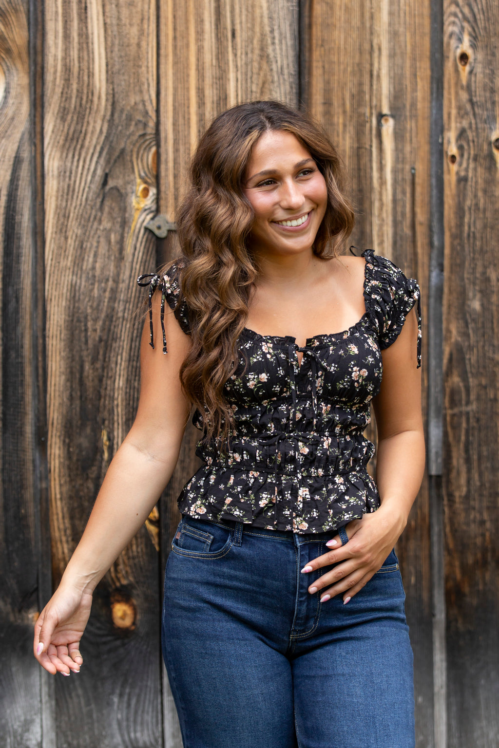 Floral Front Tie Shirred Waist Ruffled Top