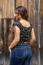 Floral Front Tie Shirred Waist Ruffled Top