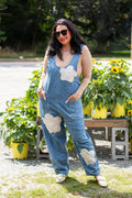 Denim Barrel Leg Overalls Floral Patchwork