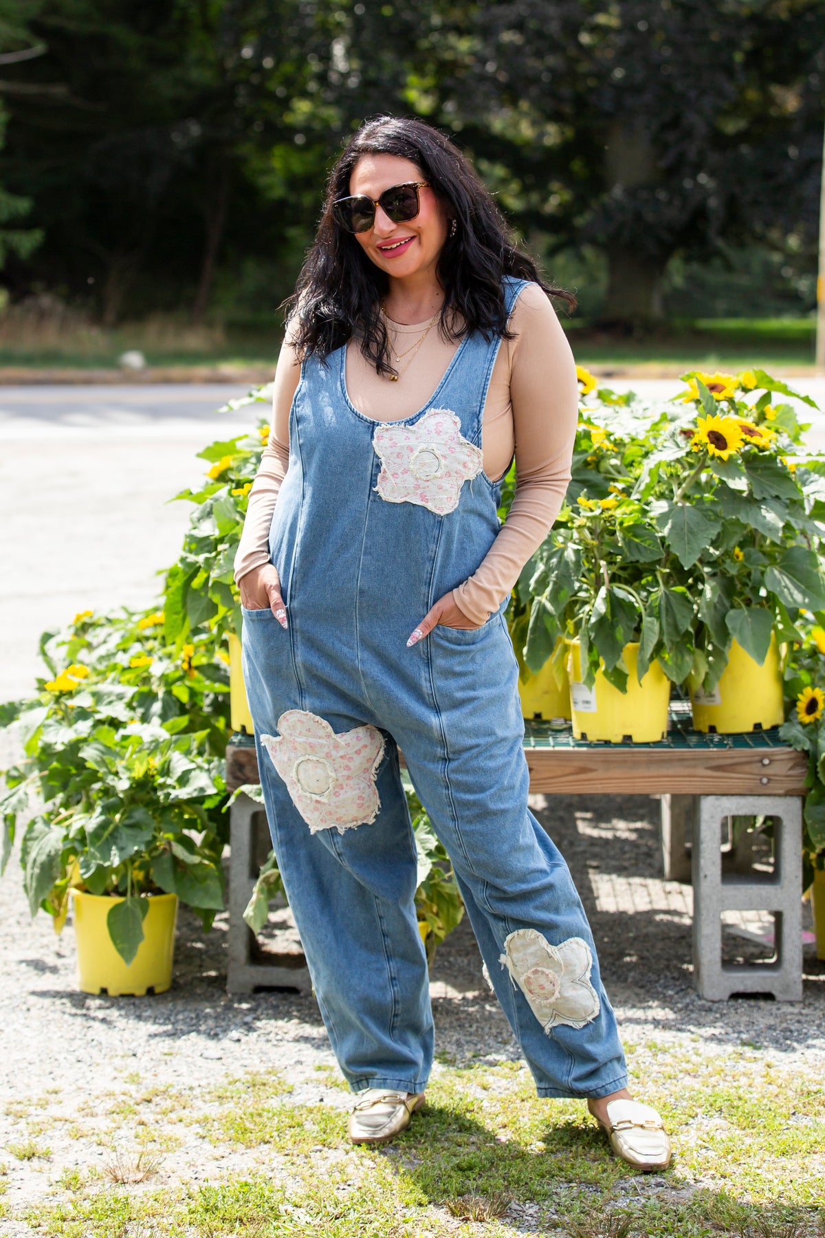 Denim Barrel Leg Overalls Floral Patchwork