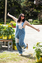 Denim Barrel Leg Overalls Floral Patchwork