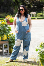 Denim Barrel Leg Overalls Floral Patchwork