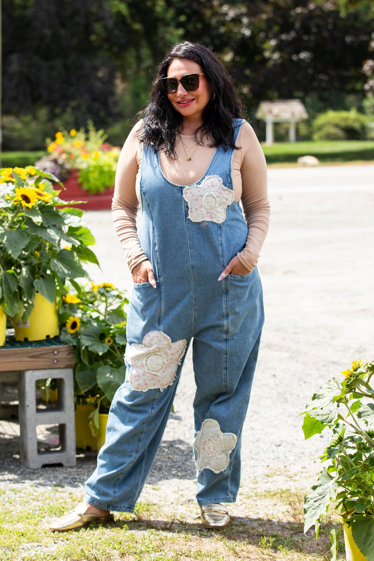 Denim Barrel Leg Overalls Floral Patchwork