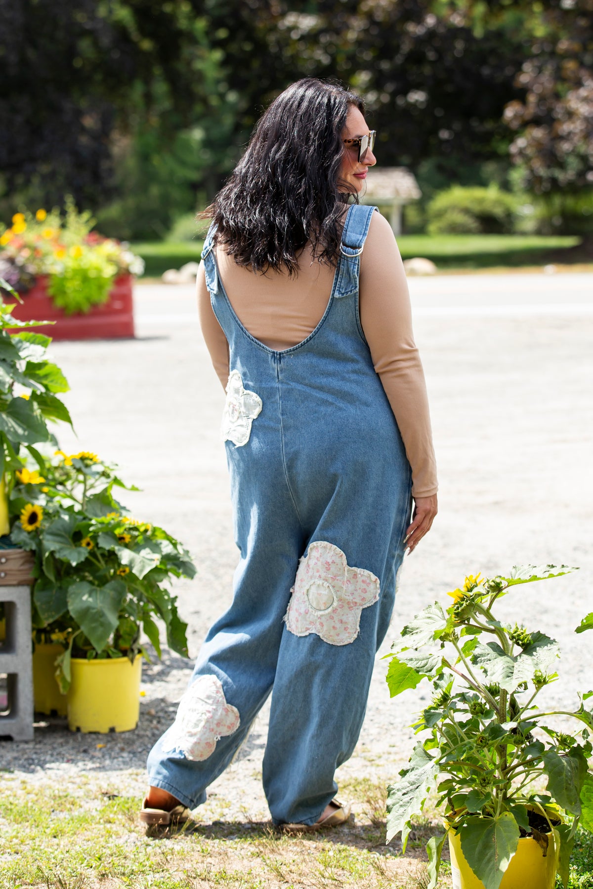 Denim Barrel Leg Overalls Floral Patchwork