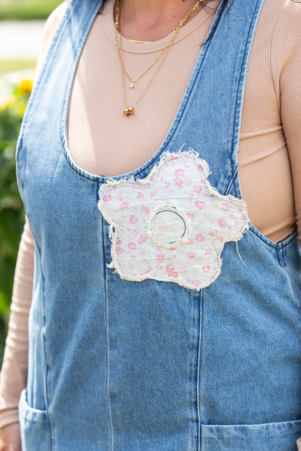 Denim Barrel Leg Overalls Floral Patchwork