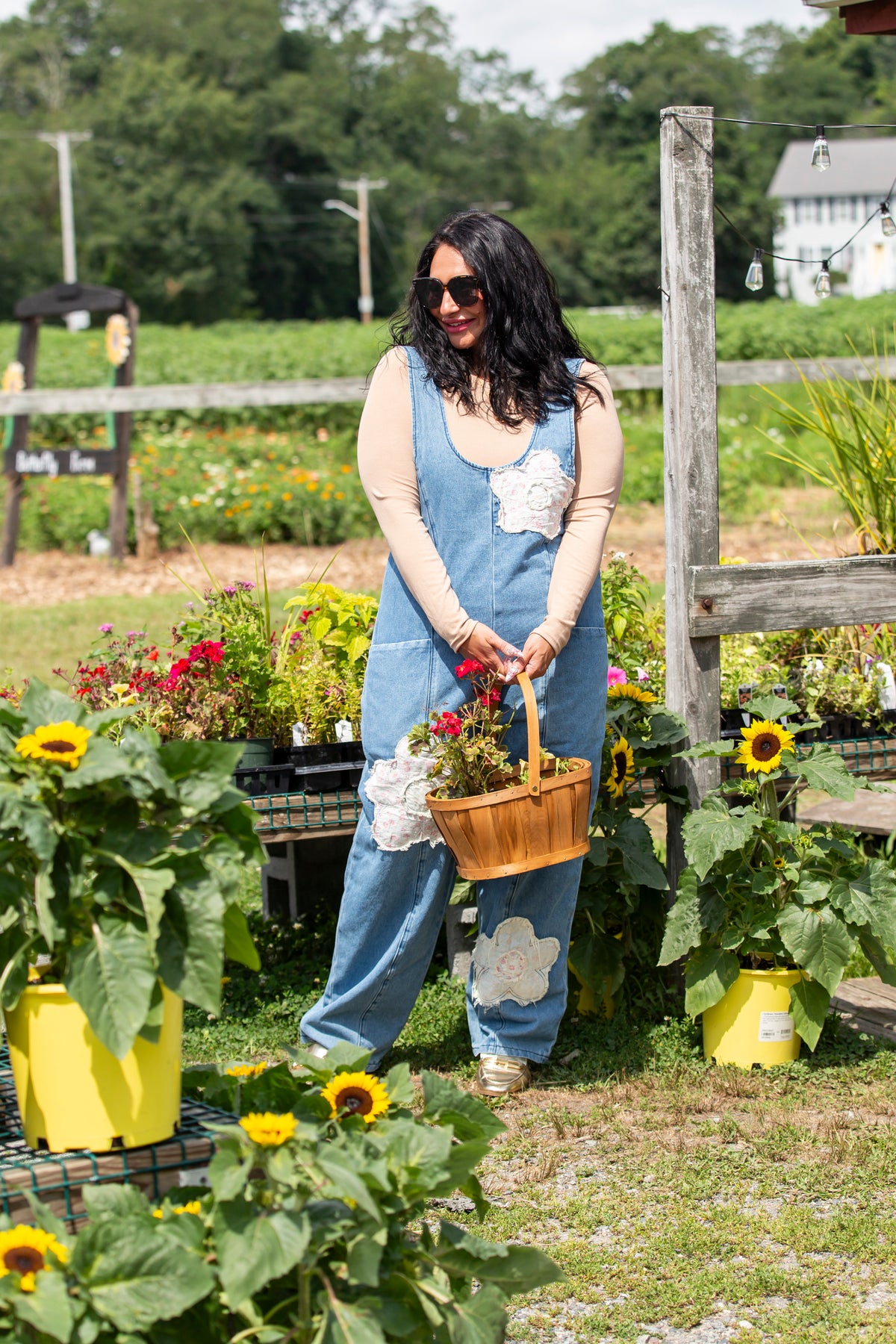 Denim Barrel Leg Overalls Floral Patchwork
