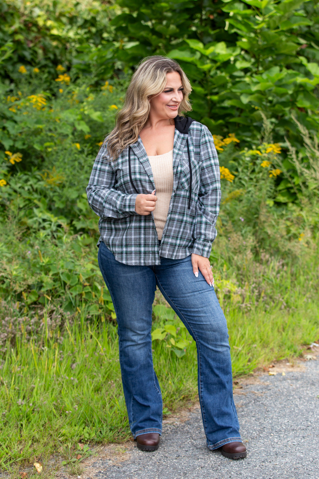 Button Down Hooded Plaid Shacket