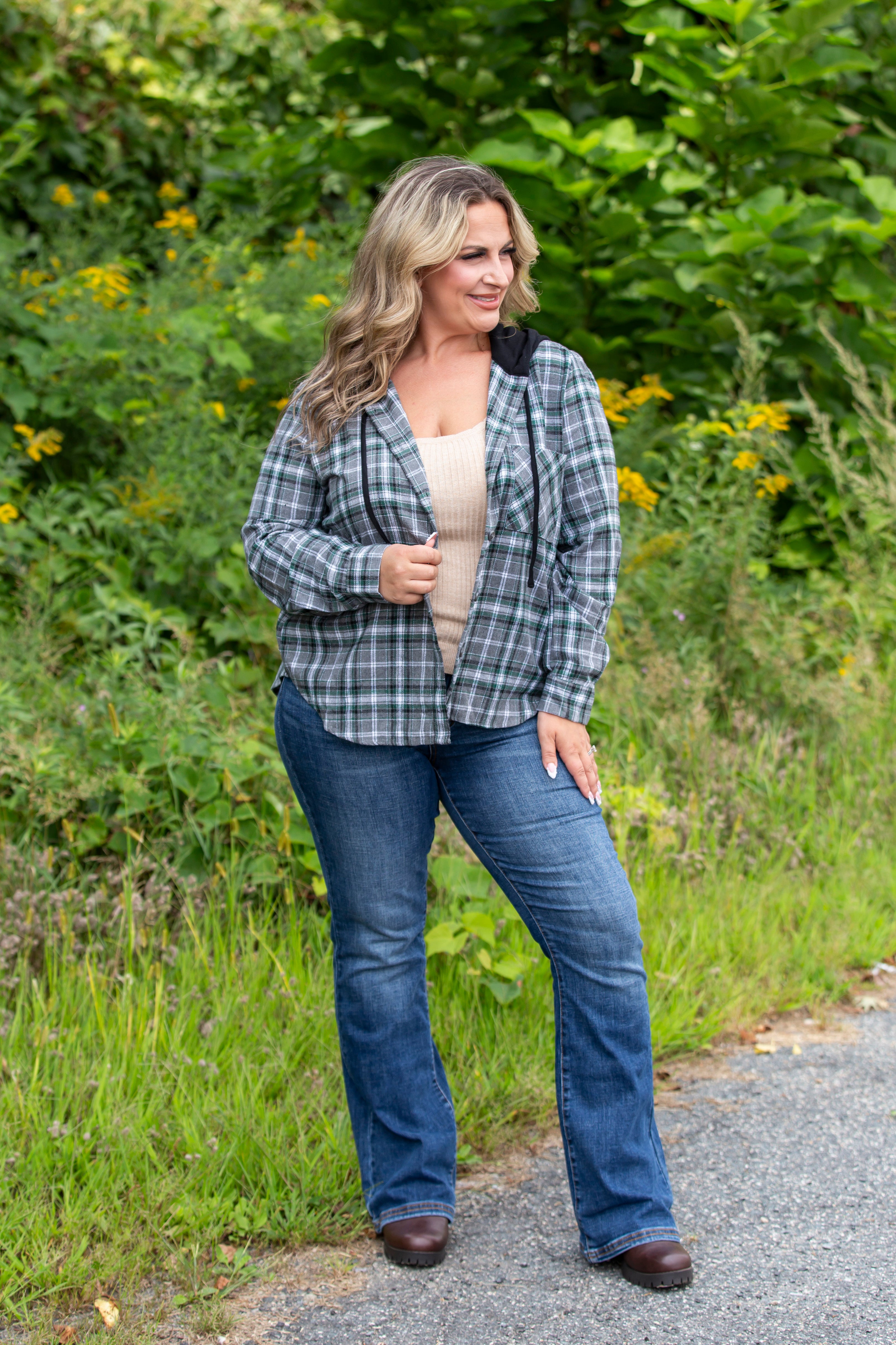 Button Down Hooded Plaid Shacket