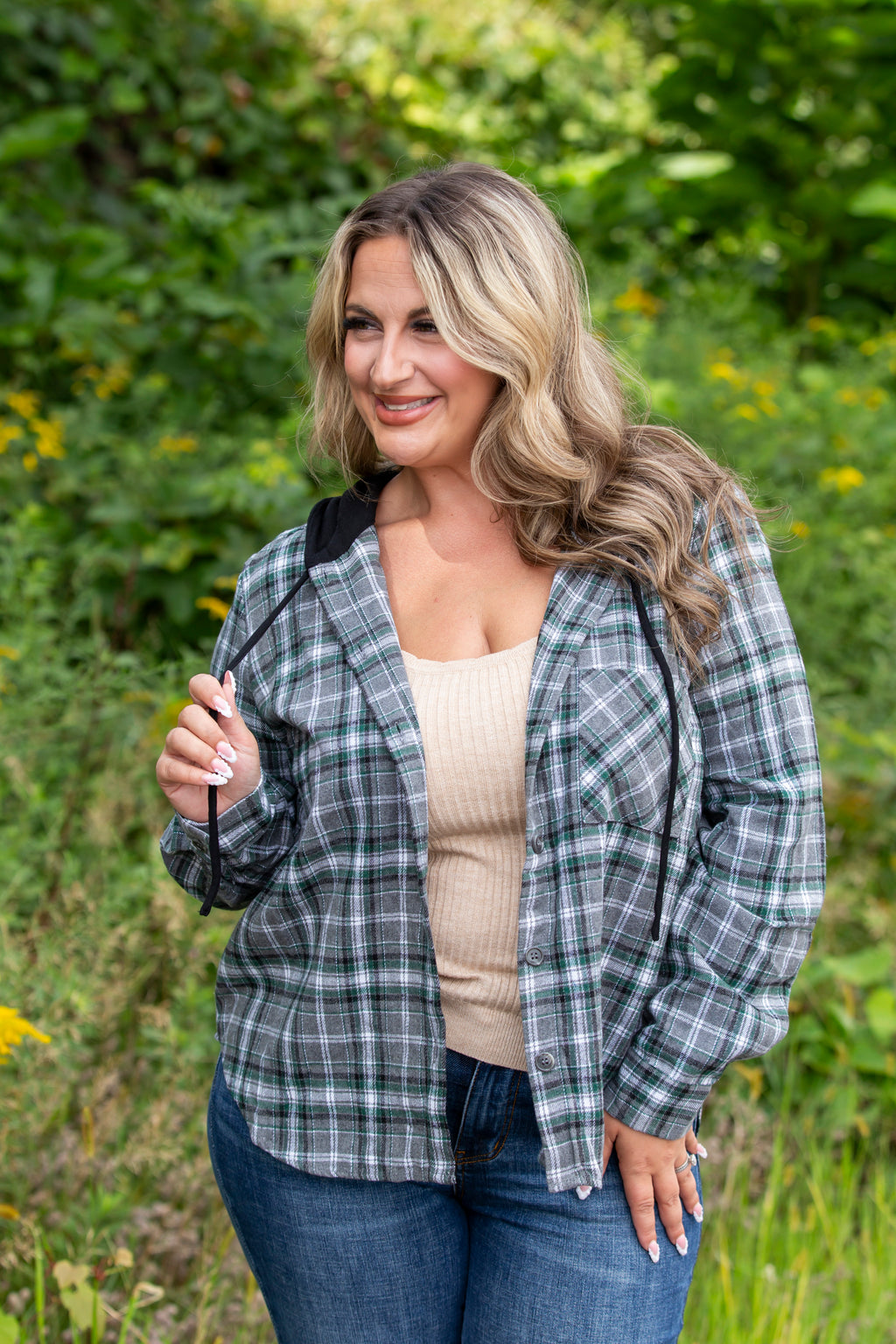 Button Down Hooded Plaid Shacket