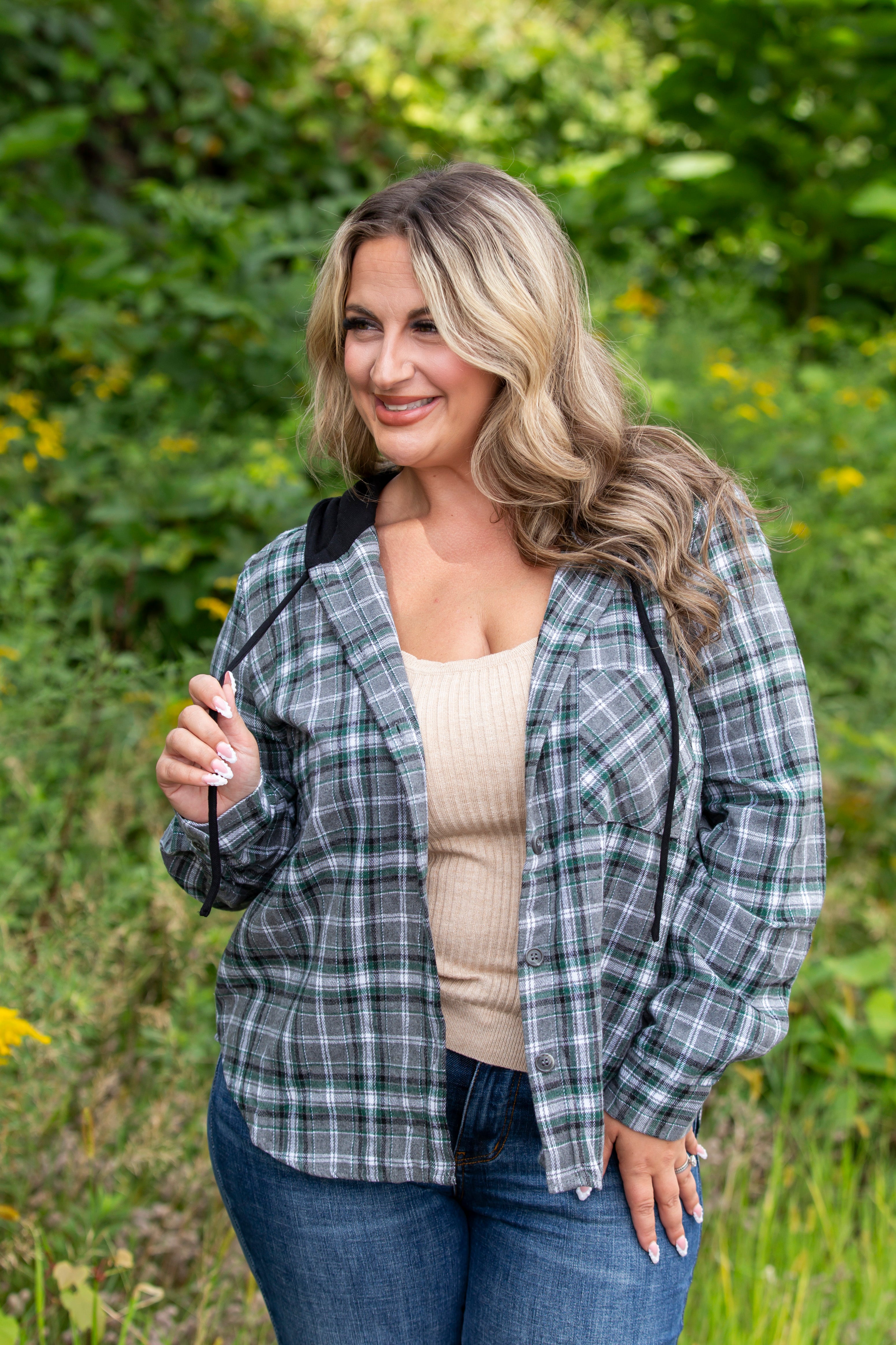 Button Down Hooded Plaid Shacket