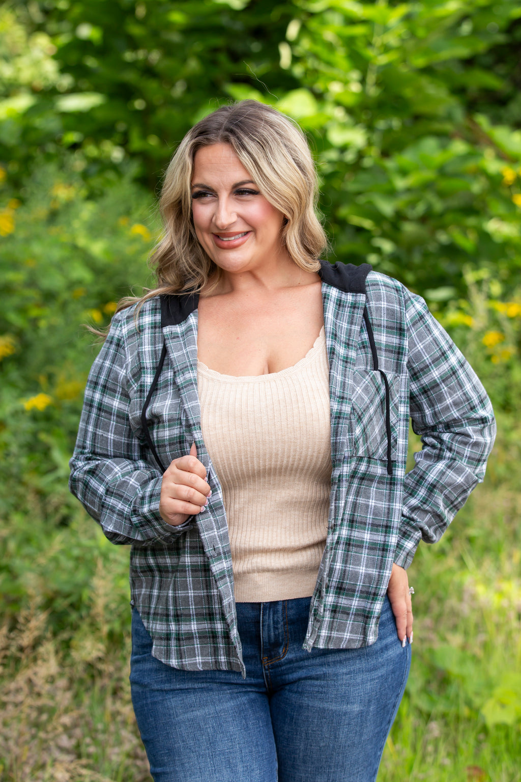 Button Down Hooded Plaid Shacket